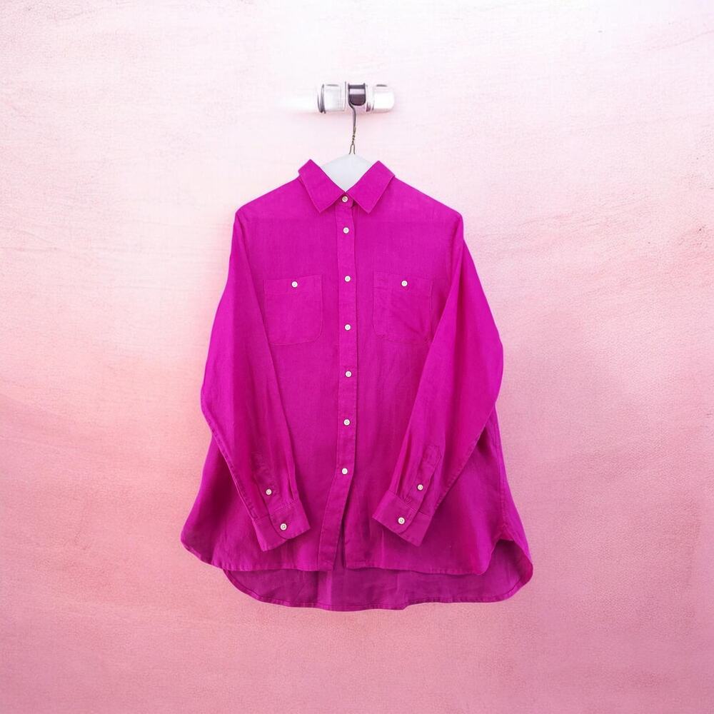 VTG Lauren Ralph Lauren Linen Shirt Magenta PM Natural Heritage Old Money Luxe